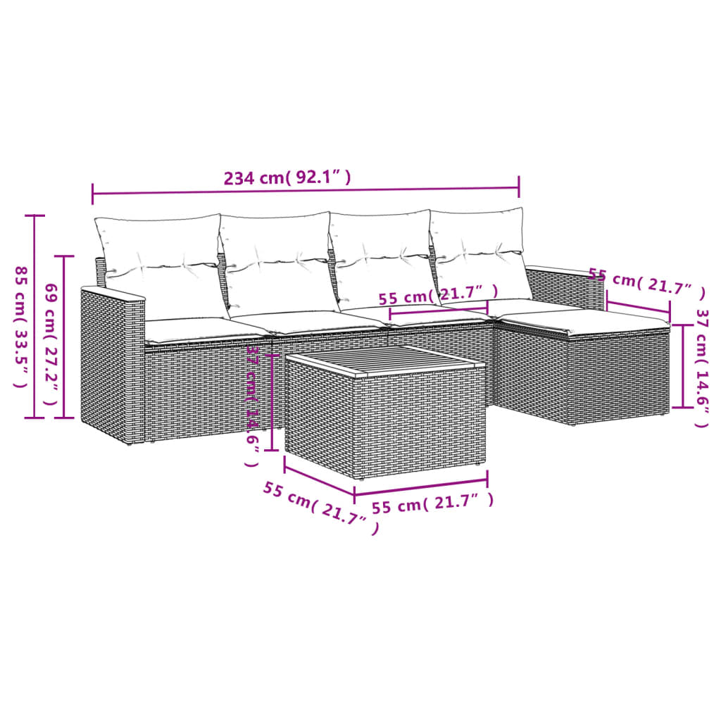 6 Pcs conjunto sofás de jardim c/ almofadões vime PE preto