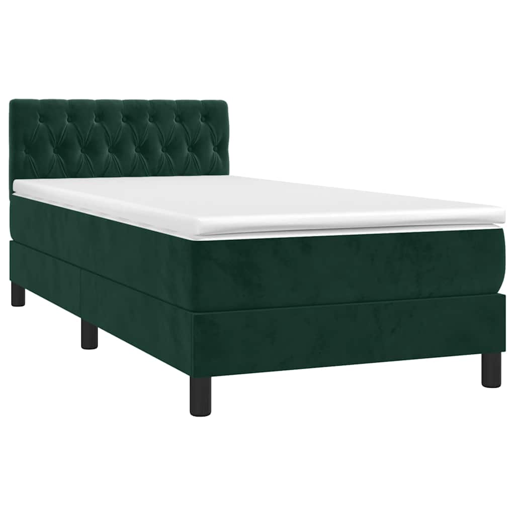 Cama box spring c/ colchão/LED 90x190 cm veludo verde-escuro