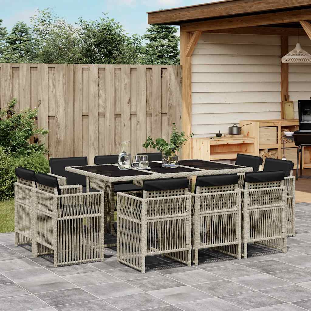 11 Pcs conjunto jantar p/ jardim c/ almofadões vime PE cinzento