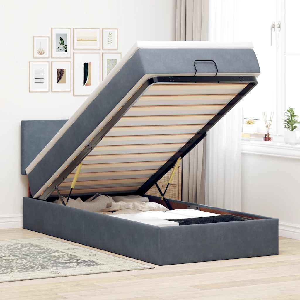 Moldura de cama otomana com colchão cinza escuro veludo