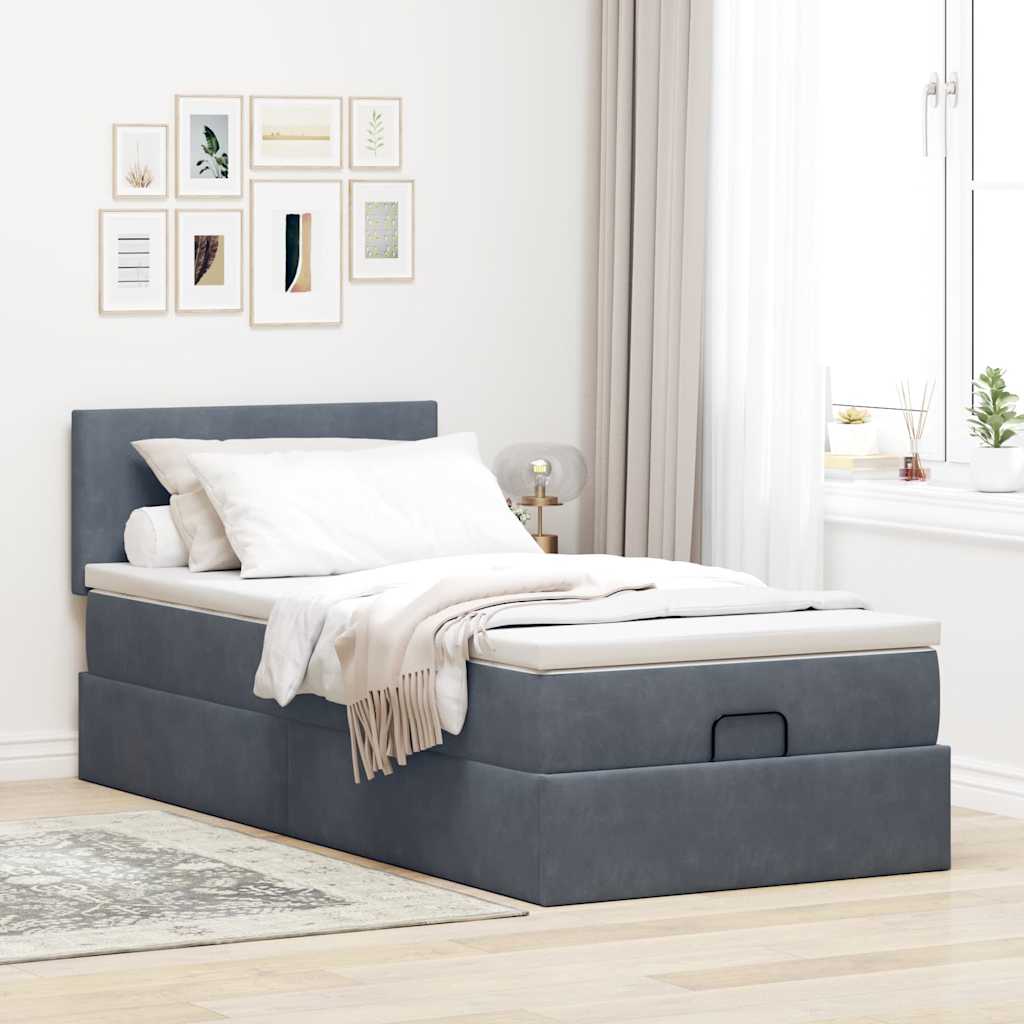 Moldura de cama otomana com colchão cinza escuro veludo
