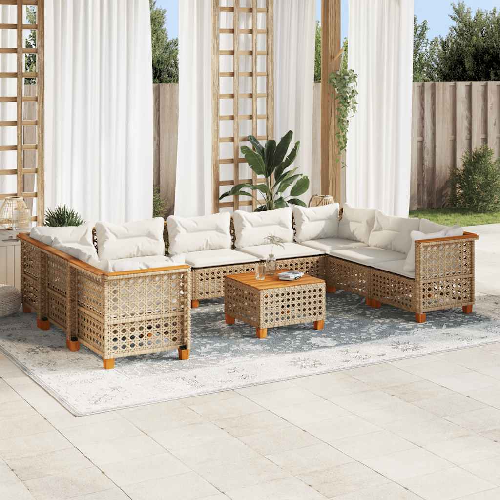 10 Pcs conjunto de sofás p/ jardim com almofadões vime PE bege