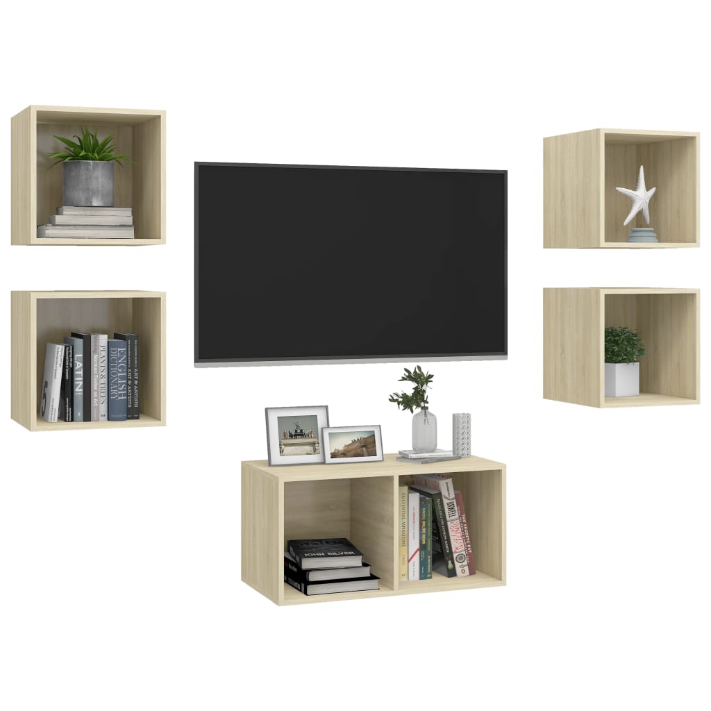 5 Pcs conjunto móveis de TV derivados madeira carvalho sonoma