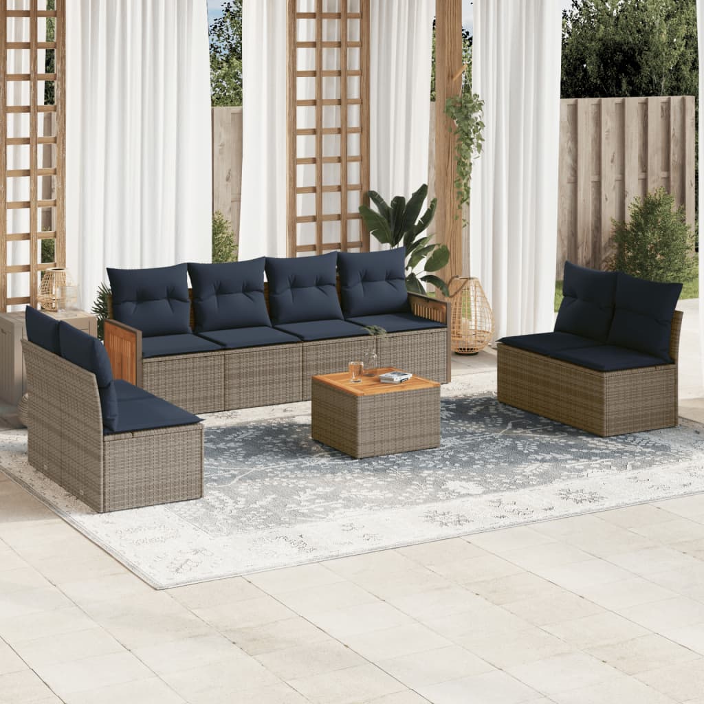 Conjunto de sofá de jardim de 9 peças com almofadas em rattan sintético cinza