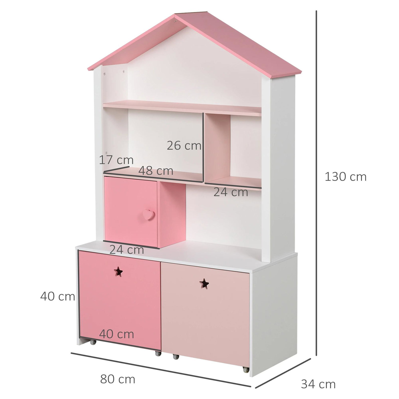 Estante de madeira infantil estante de livros para crianças com 4 compartimentos 1 porta e 2 gavetas removíveis com rodas para livros brinquedos 80x34x130cm rosa e branco