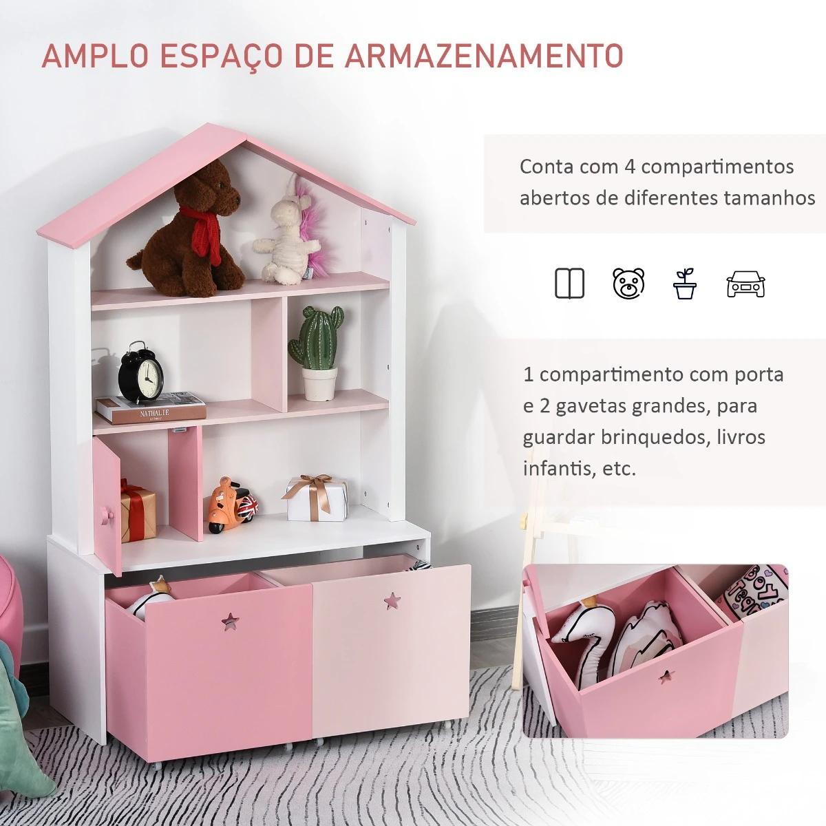 Estante de madeira infantil estante de livros para crianças com 4 compartimentos 1 porta e 2 gavetas removíveis com rodas para livros brinquedos 80x34x130cm rosa e branco