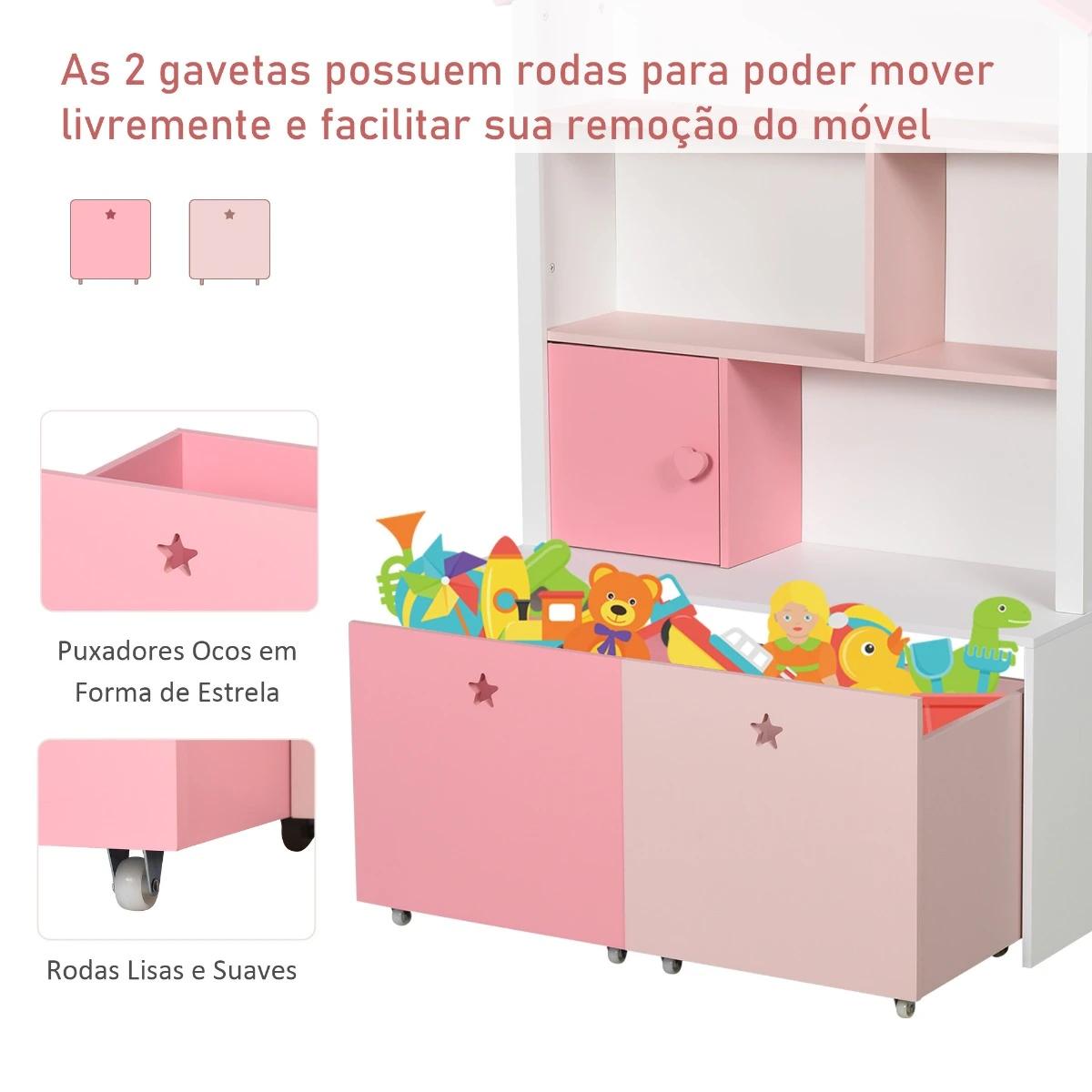 Estante de madeira infantil estante de livros para crianças com 4 compartimentos 1 porta e 2 gavetas removíveis com rodas para livros brinquedos 80x34x130cm rosa e branco
