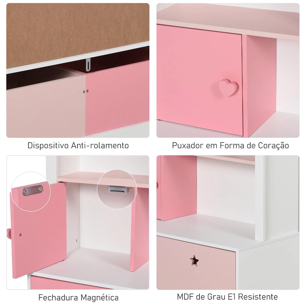 Estante de madeira infantil estante de livros para crianças com 4 compartimentos 1 porta e 2 gavetas removíveis com rodas para livros brinquedos 80x34x130cm rosa e branco