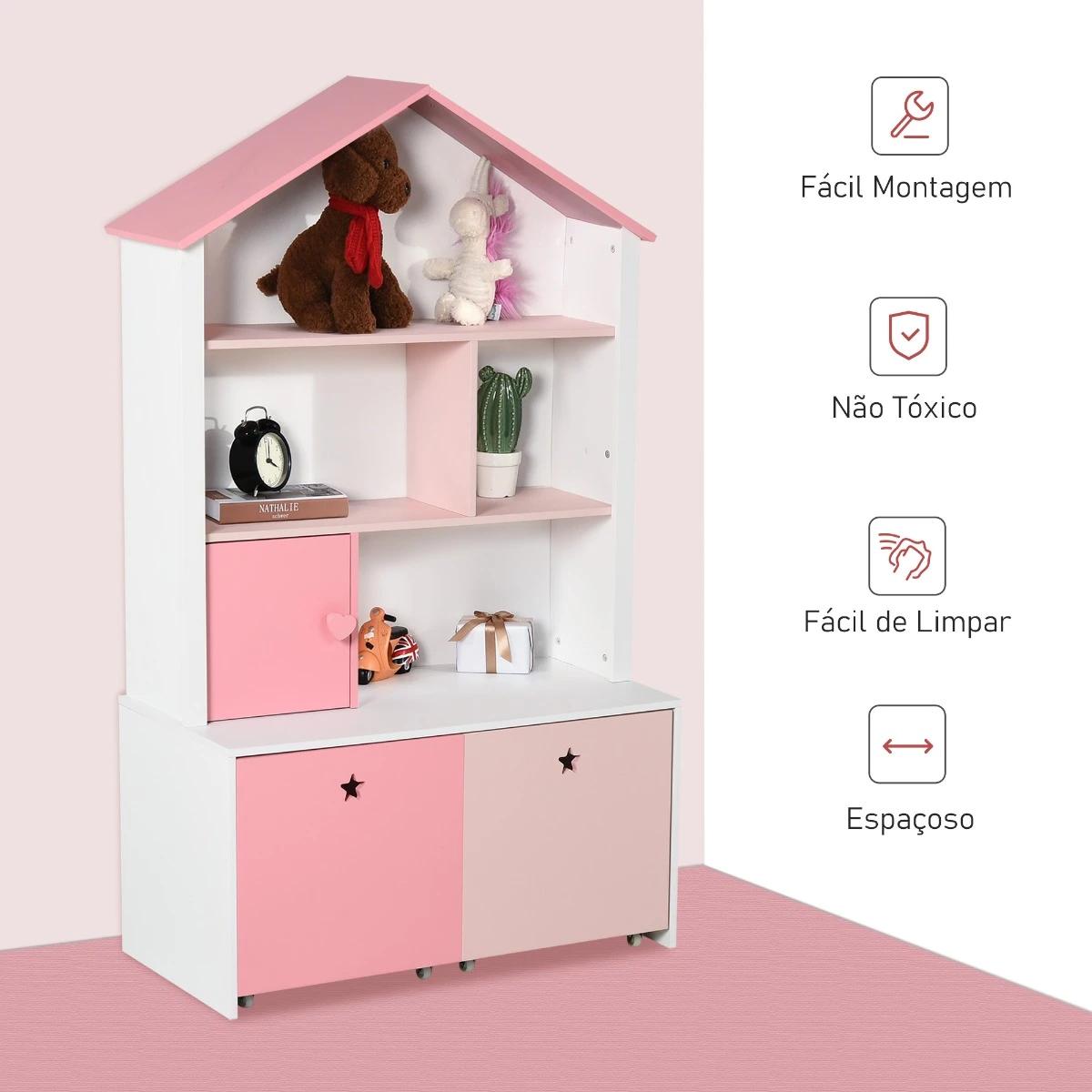 Estante de madeira infantil estante de livros para crianças com 4 compartimentos 1 porta e 2 gavetas removíveis com rodas para livros brinquedos 80x34x130cm rosa e branco