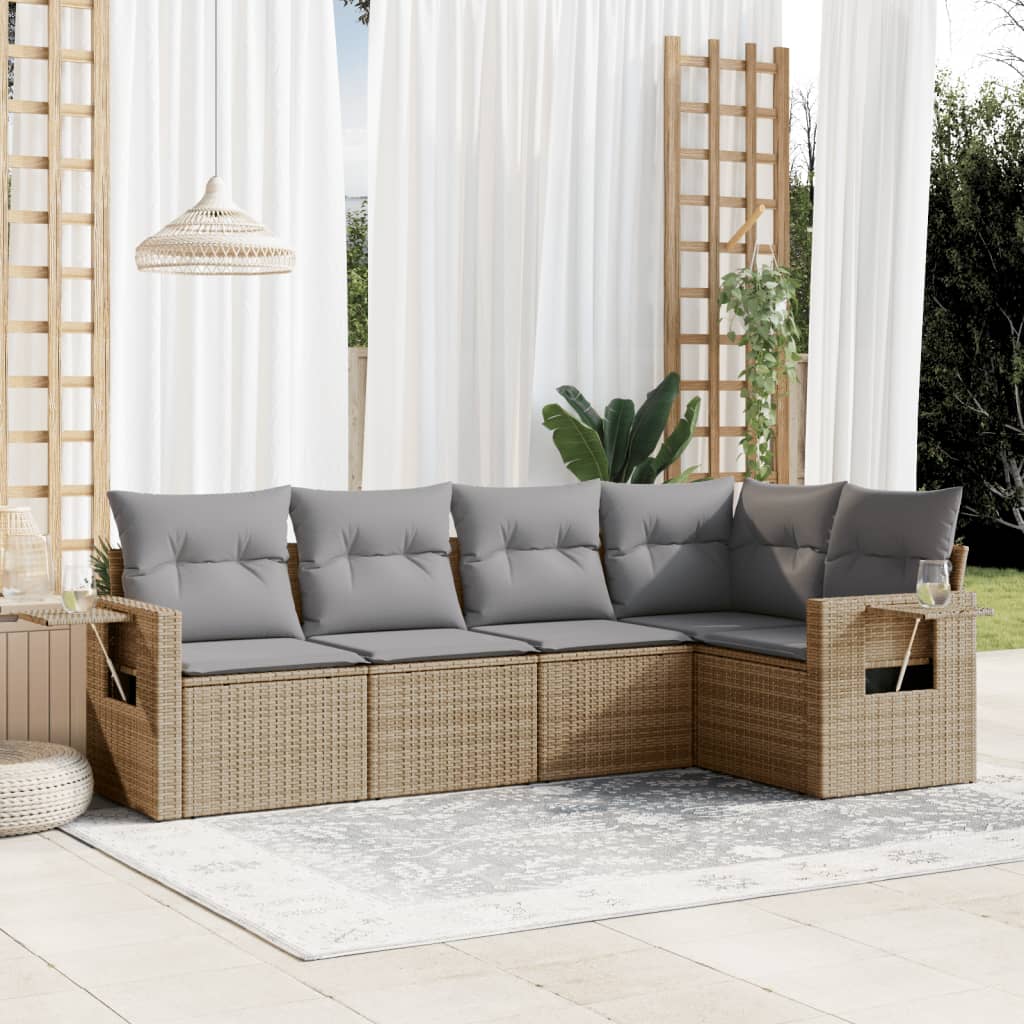 5 Pcs conjunto de sofás p/ jardim com almofadões vime PE bege