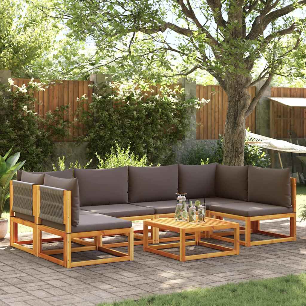 Conjunto de sofás de jardim de 7 peças com almofadas de madeira de acácia e corda