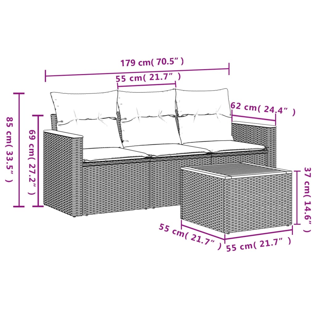 4 Pcs conjunto de sofás para jardim c/ almofadões vime PE preto