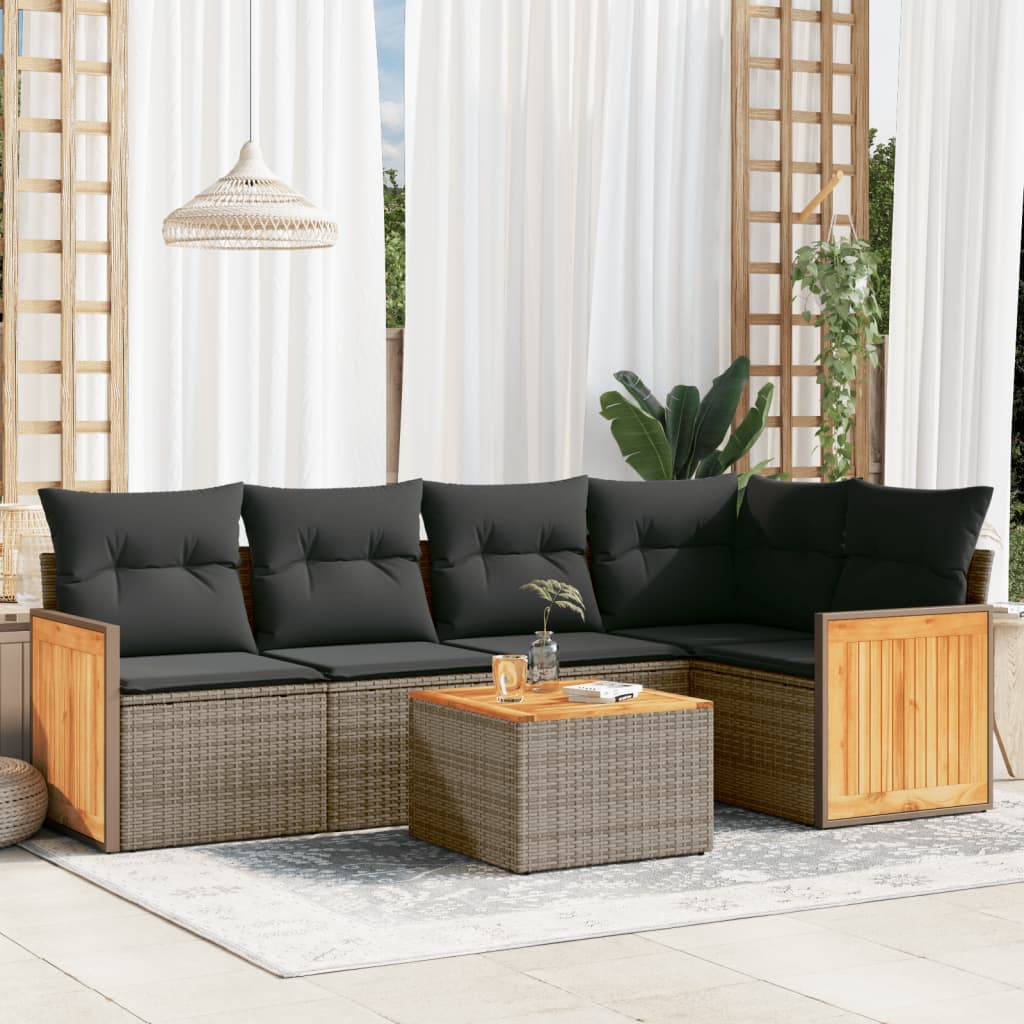 6 Pcs conjunto sofás de jardim com almofadões vime cinzento