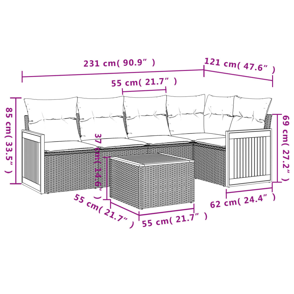 6 Pcs conjunto sofás de jardim com almofadões vime cinzento