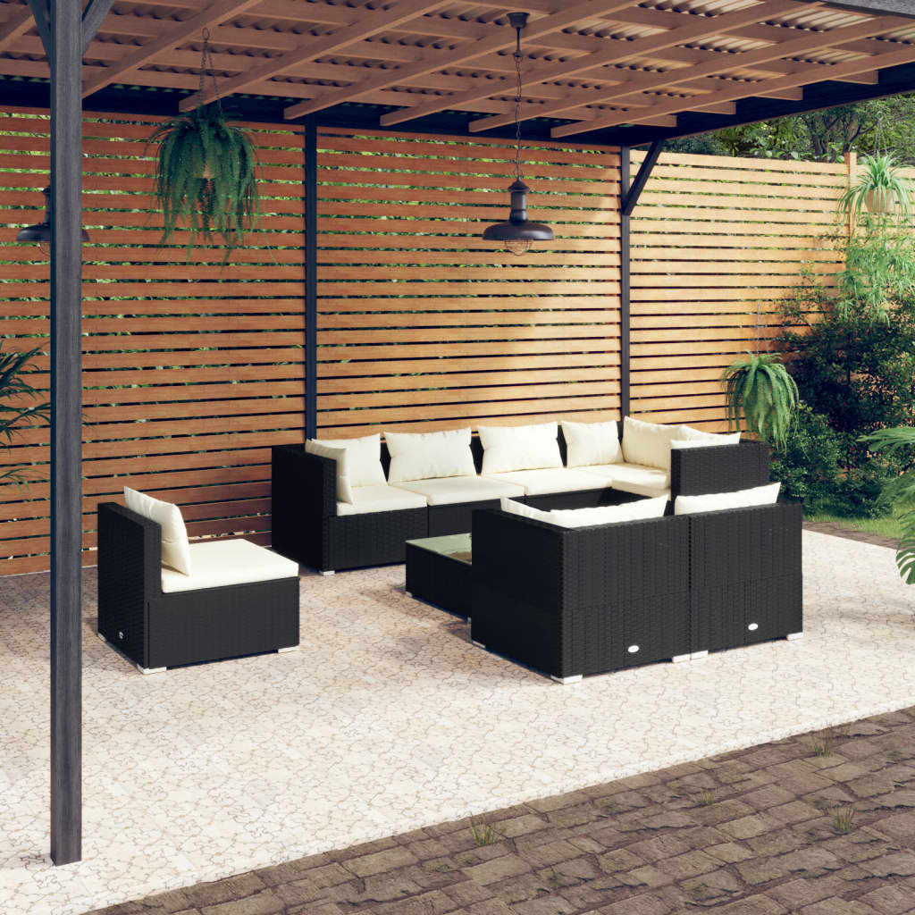 9 Pcs conjunto lounge de jardim c/ almofadões vime PE preto
