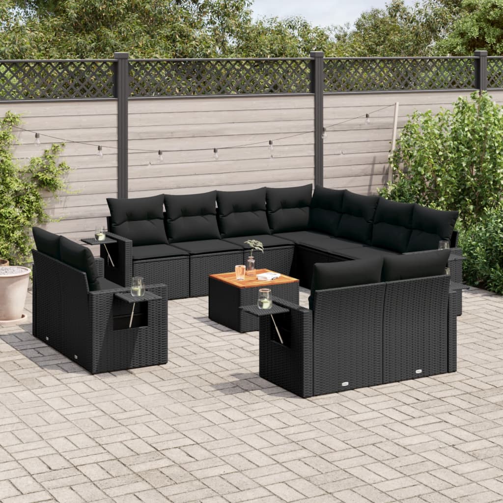 12 Pcs conjunto de sofás de jardim c/ almofadões vime PE preto