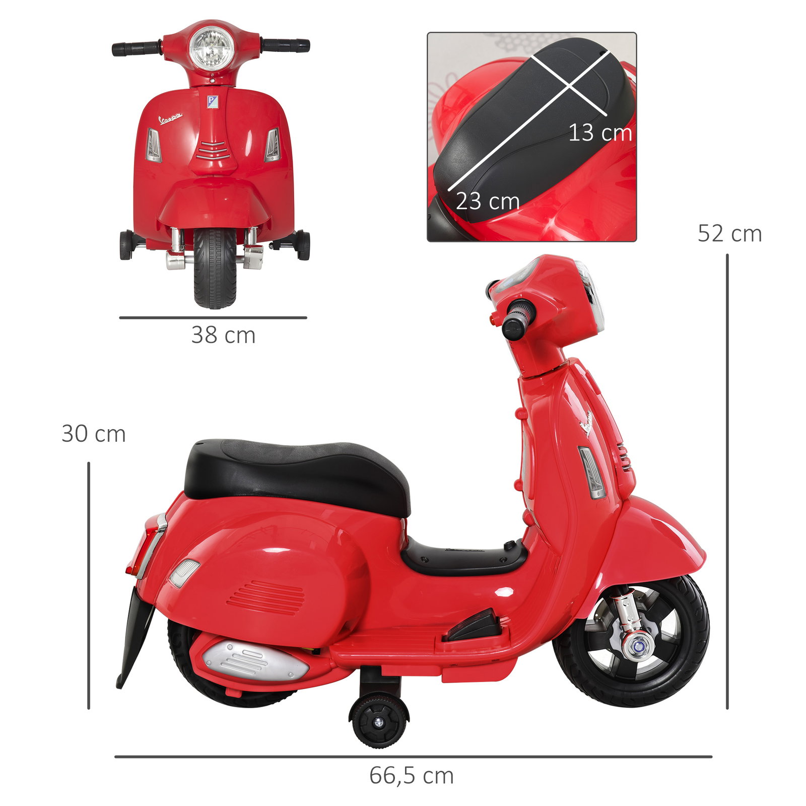 Mota elétrica para crianças com licença acima de 18 meses com faróis buzina e 4 rodas licenciadas 66,5x38x52 cm vermelho