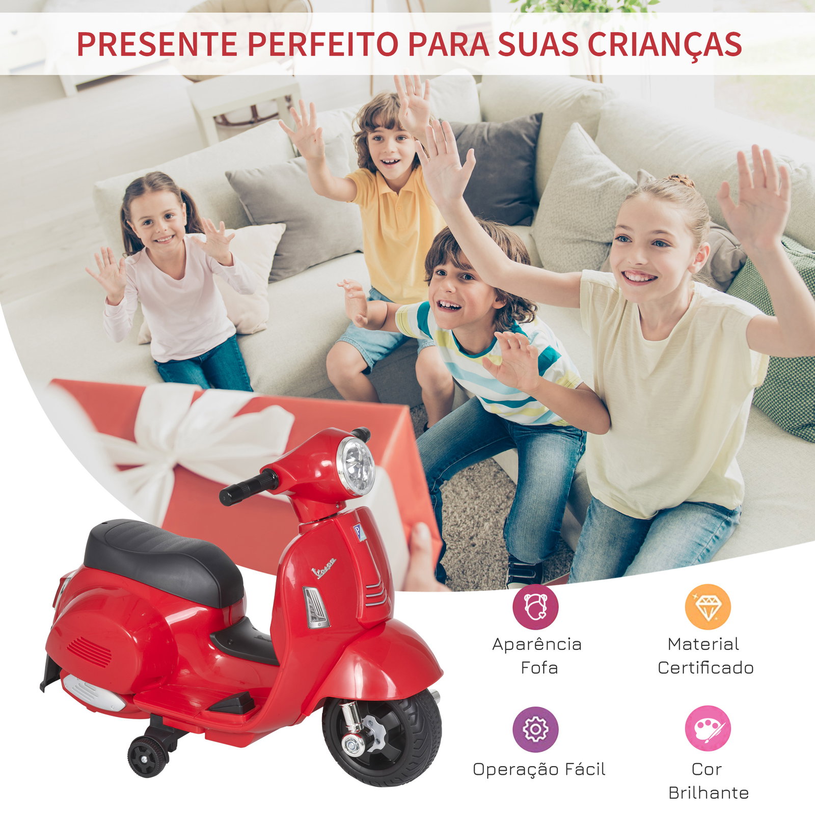 Mota elétrica para crianças com licença acima de 18 meses com faróis buzina e 4 rodas licenciadas 66,5x38x52 cm vermelho