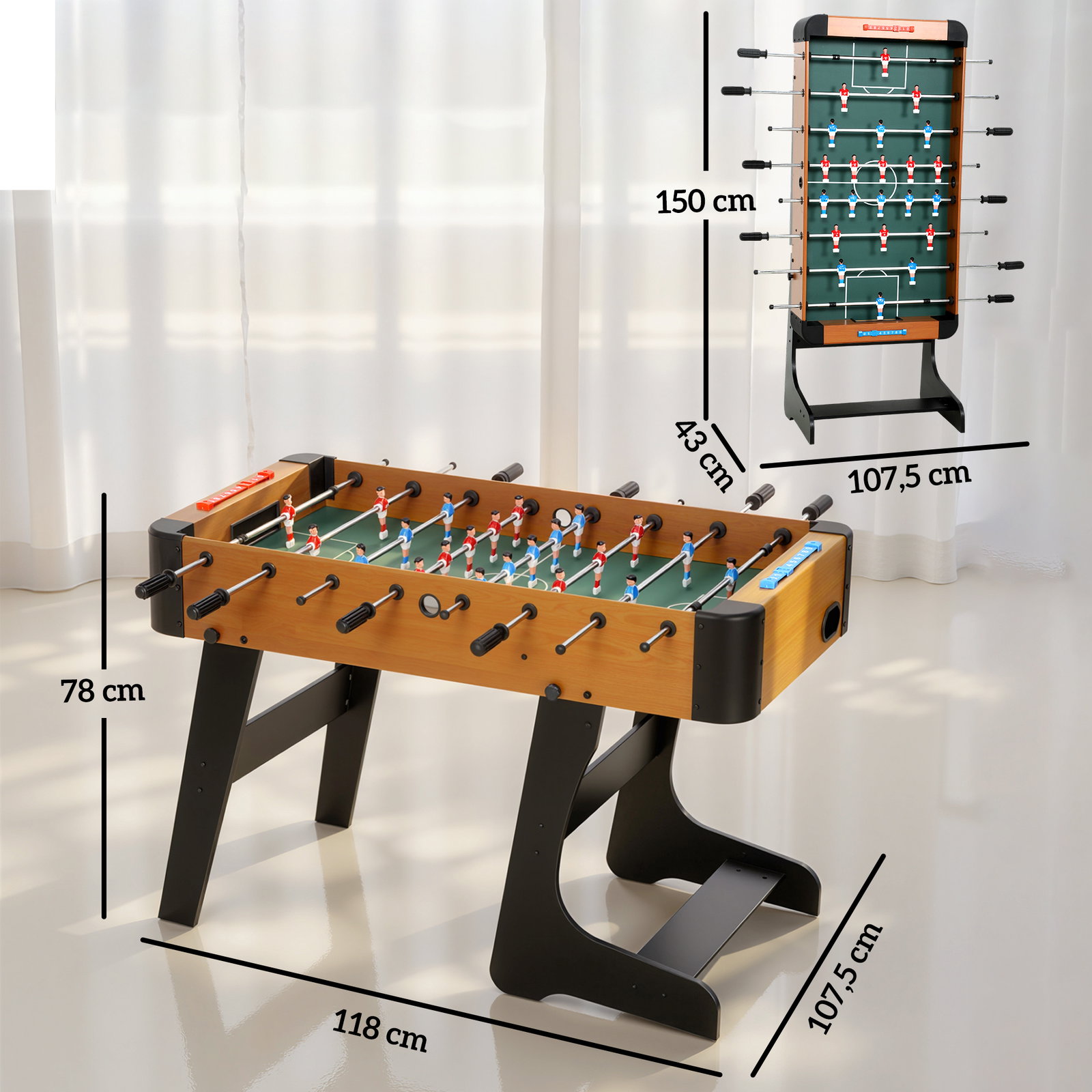 Mesa de matraquilhos dobrável em madeira com 2 bolas 22 jogadores, 118 x 107,5 x 78 cm, castanho