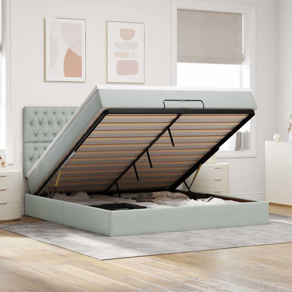 Estrutura cama otomana colchões 200x200cm veludo cinzento claro