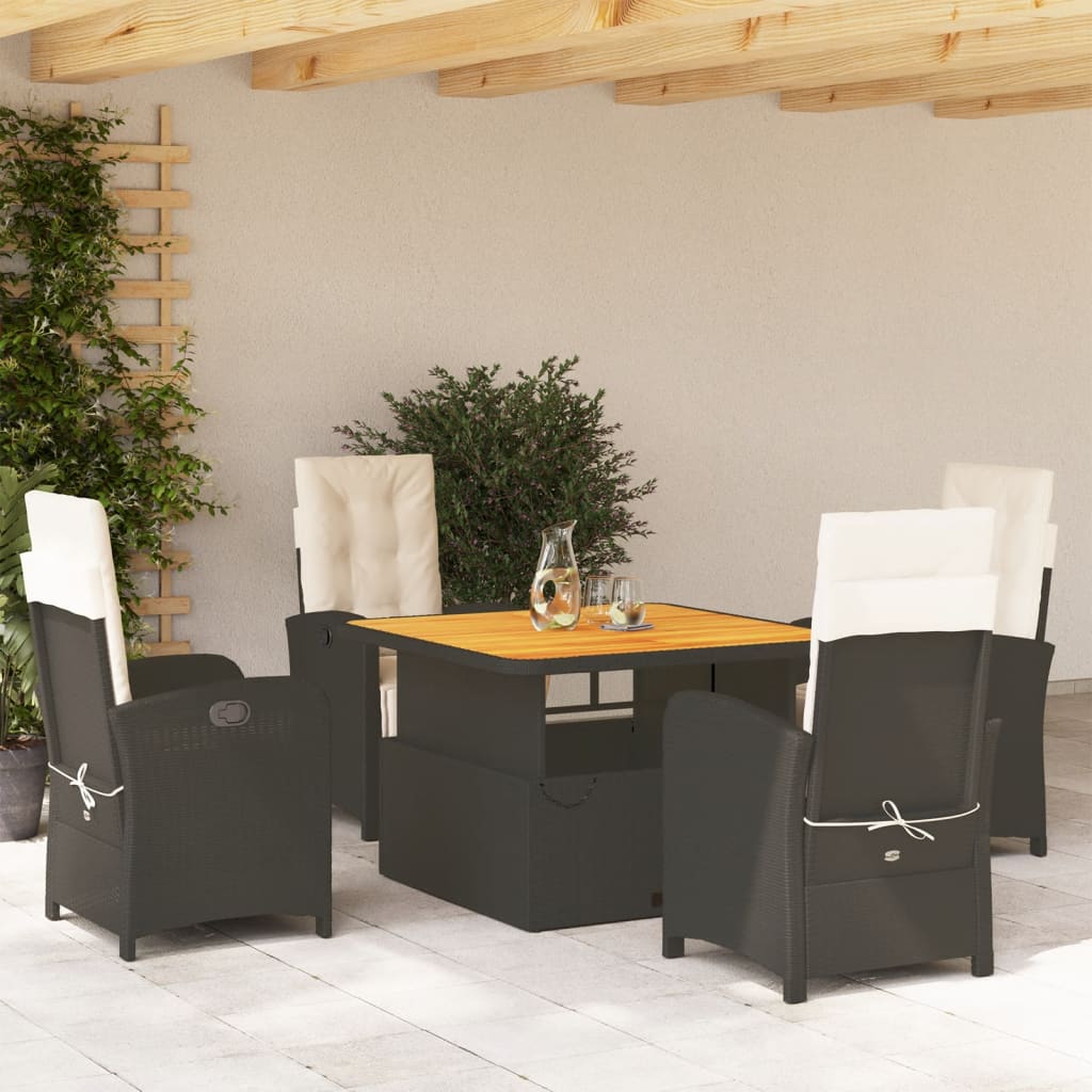 5 Pcs conjunto de jantar p/ jardim c/ almofadões vime PE preto