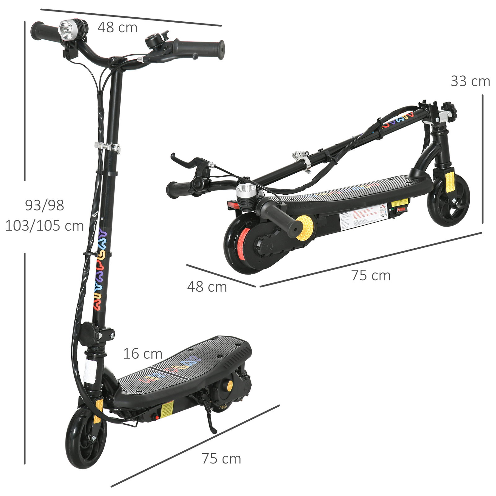Trotinete elétrica dobrável com velocidade máx. 12 km/h motor 120 w autonomia máxima 10 km e farol LED 75x48x93-105 cm preto