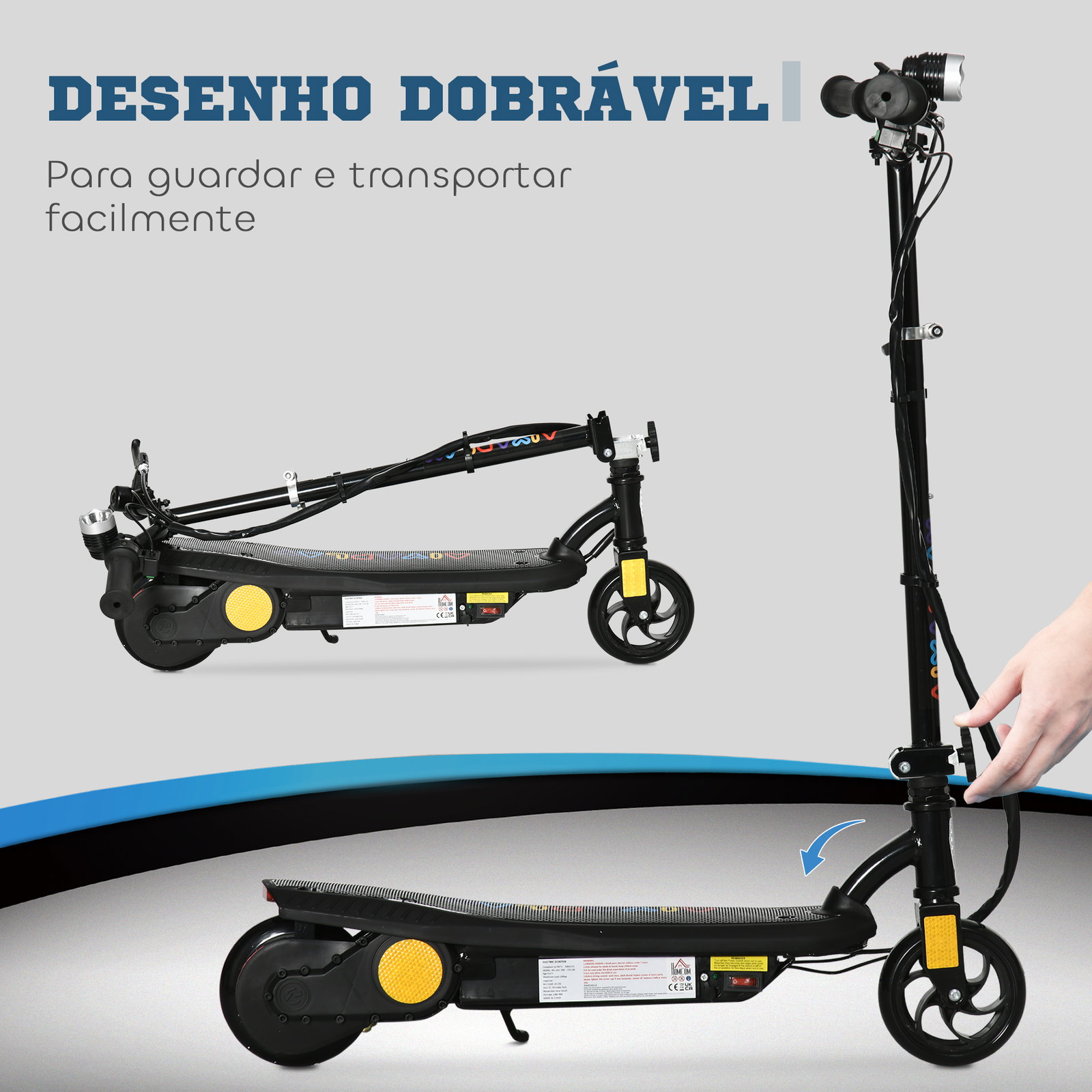 Trotinete elétrica dobrável com velocidade máx. 12 km/h motor 120 w autonomia máxima 10 km e farol LED 75x48x93-105 cm preto