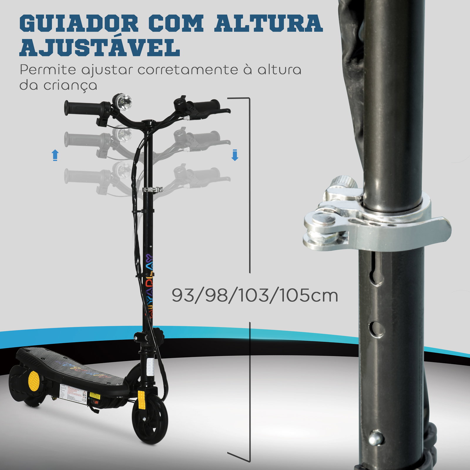Trotinete elétrica dobrável com velocidade máx. 12 km/h motor 120 w autonomia máxima 10 km e farol LED 75x48x93-105 cm preto