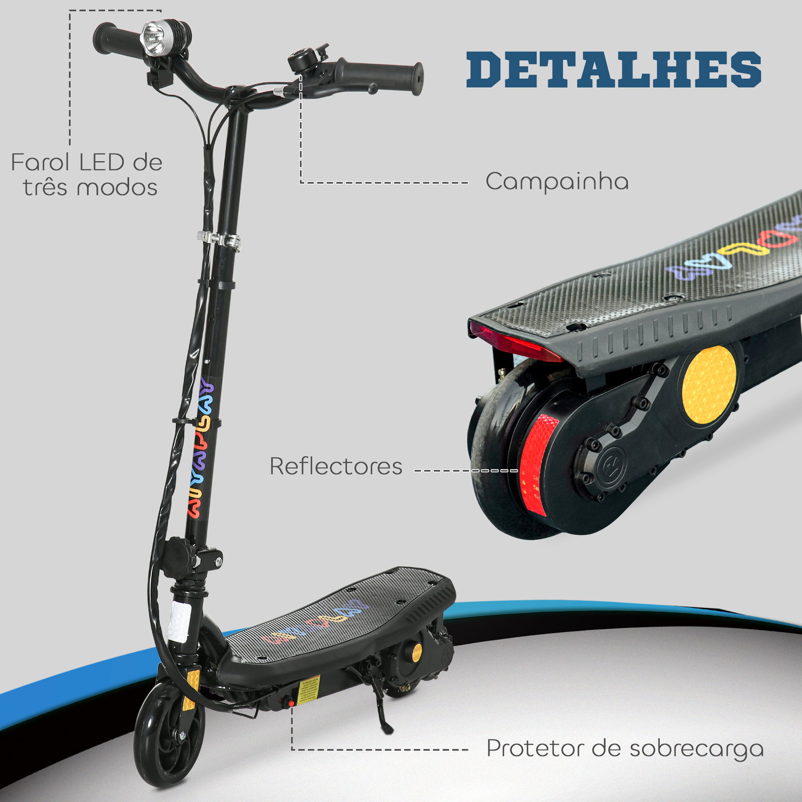 Trotinete elétrica dobrável com velocidade máx. 12 km/h motor 120 w autonomia máxima 10 km e farol LED 75x48x93-105 cm preto