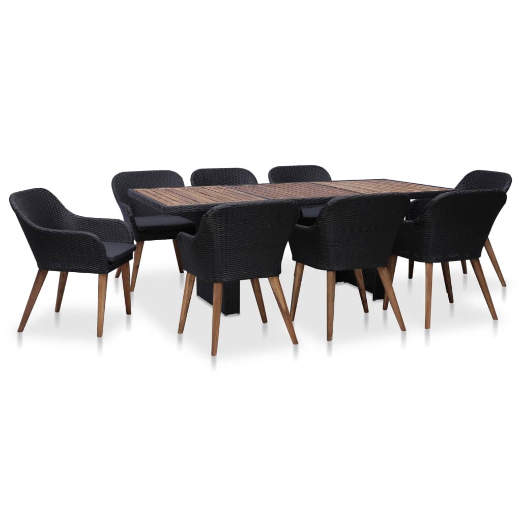9 Pcs conjunto jantar exterior com almofadões vime PE preto