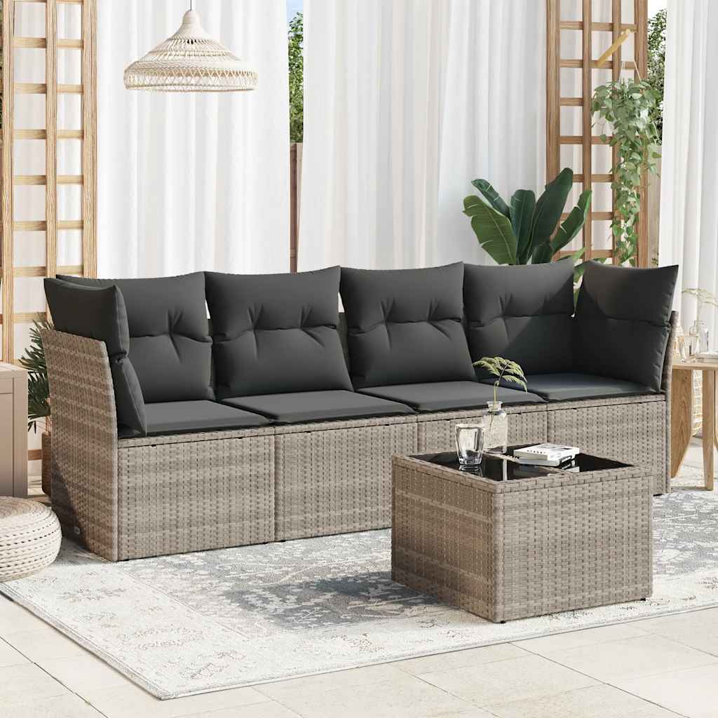 5 Pcs conj. sofás jardim c/ almofadões vime PE cinzento-claro