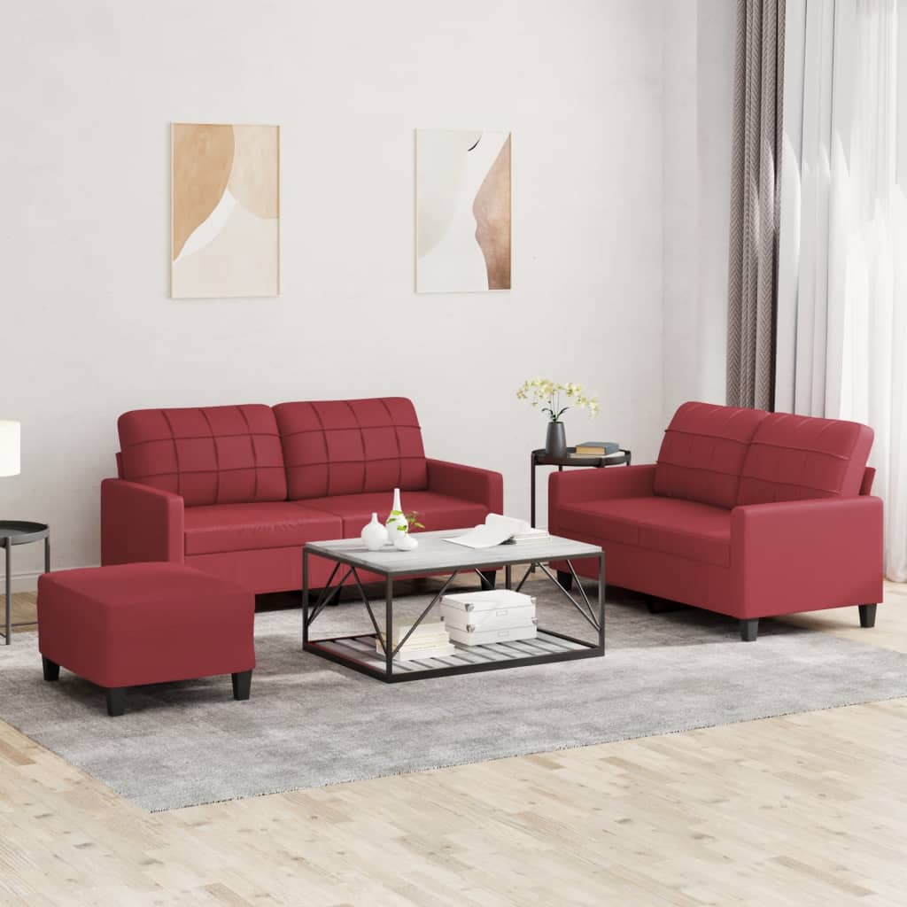 3 Pcs conjunto sofás c/ almofadões couro artif. vermelho tinto