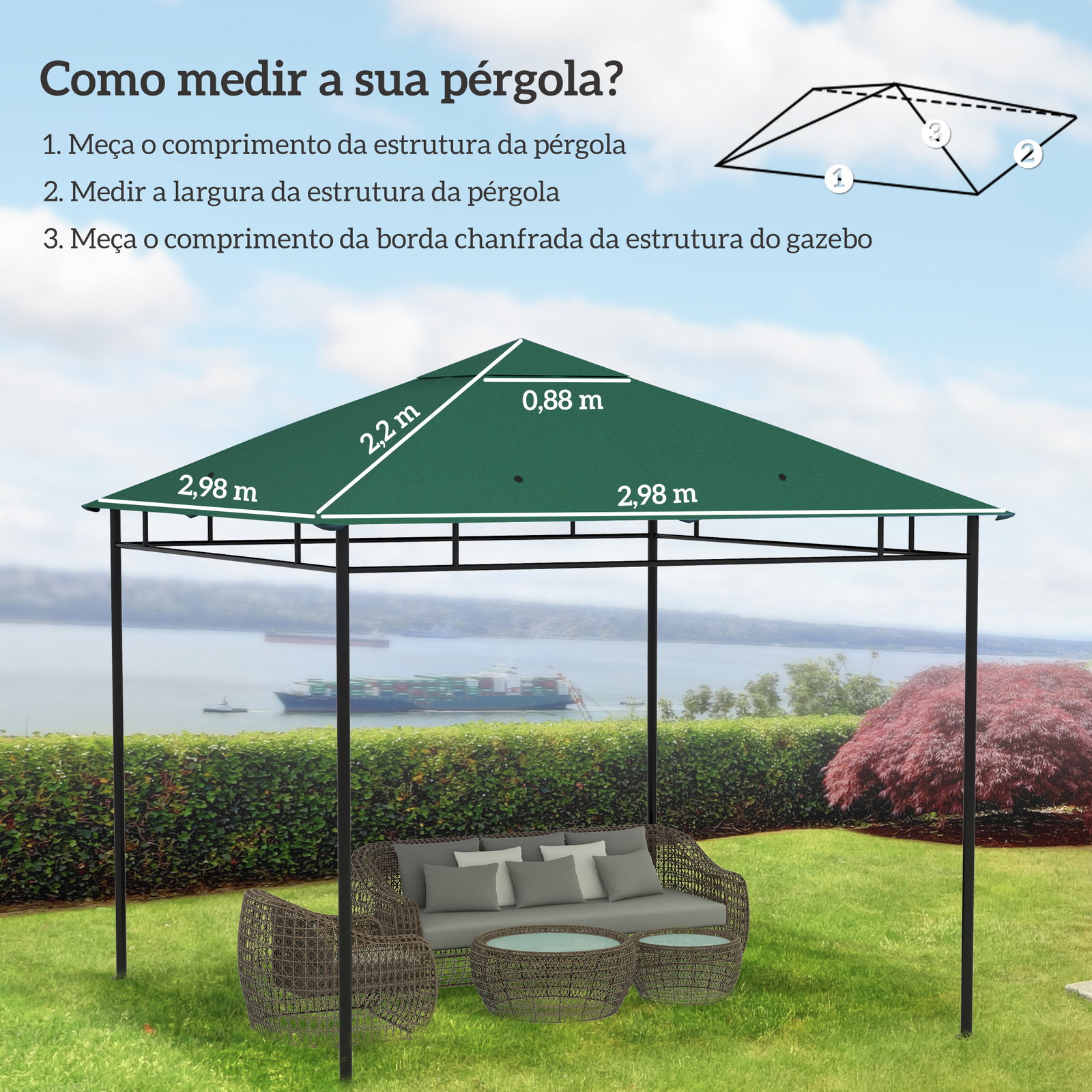 Toldo de Substituição de 3x3m para Pérgola de Jardim com 8 Orifícios de Drenagem e Ventilação Verde