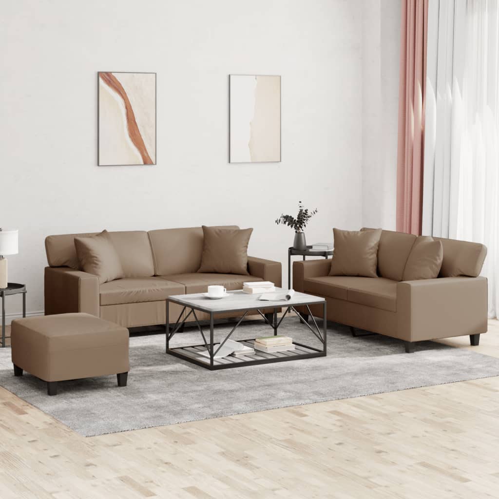 3 Pcs conjunto sofás c/ almofadas couro artificial cappuccino