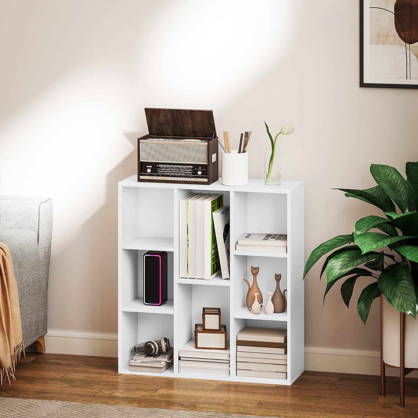 Estante de 3 níveis estante para livros com 8 compartimentos desenho vertical ou horizontal 74,3x24x80 cm branco