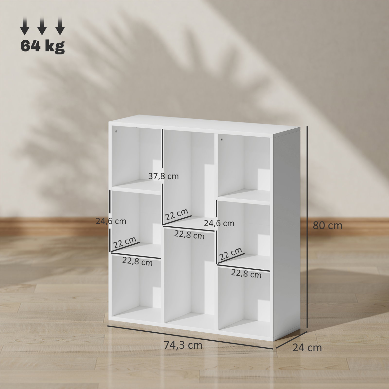 Estante de 3 níveis estante para livros com 8 compartimentos desenho vertical ou horizontal 74,3x24x80 cm branco