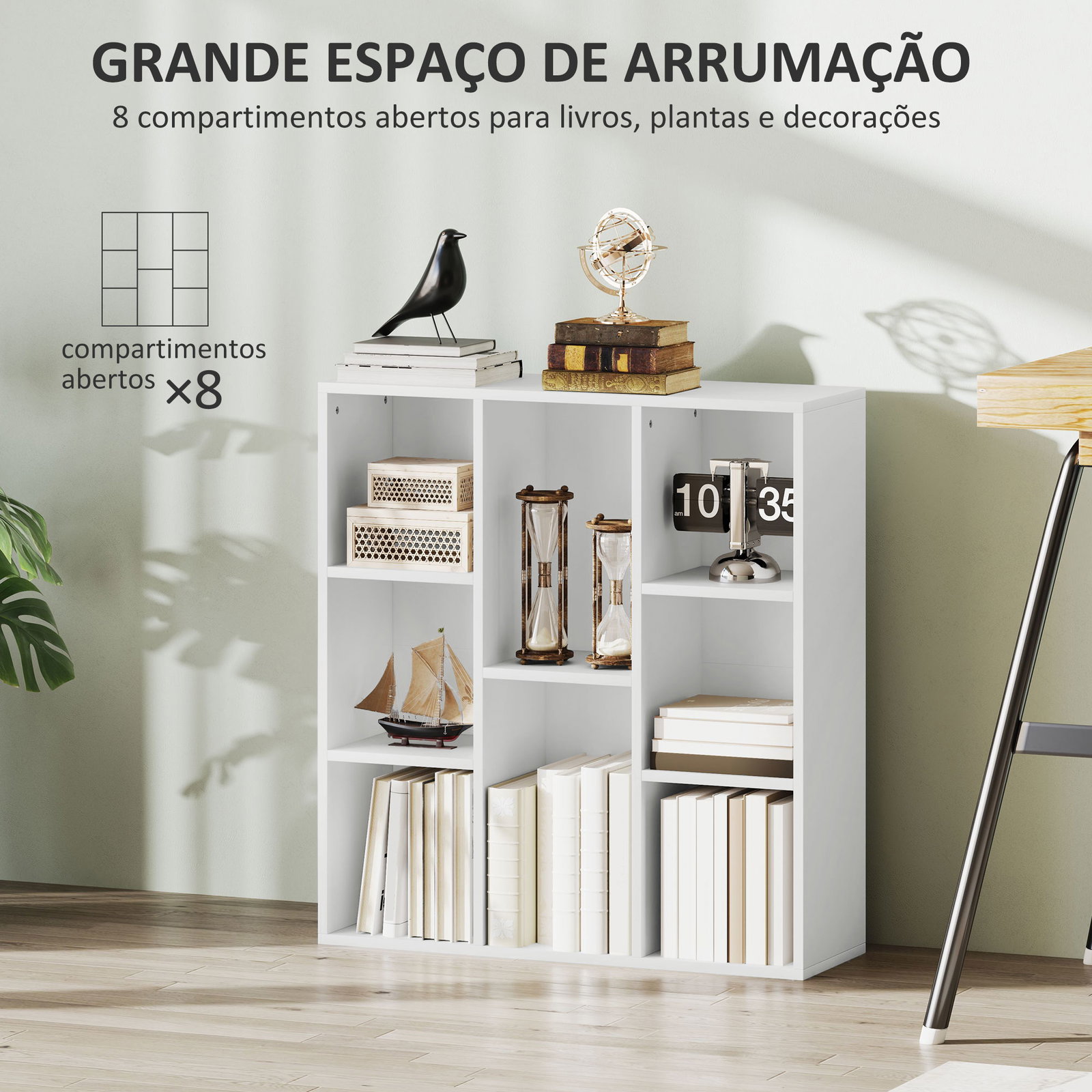 Estante de 3 níveis estante para livros com 8 compartimentos desenho vertical ou horizontal 74,3x24x80 cm branco