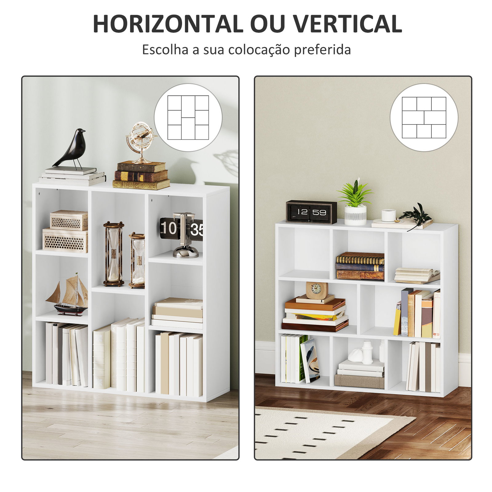 Estante de 3 níveis estante para livros com 8 compartimentos desenho vertical ou horizontal 74,3x24x80 cm branco