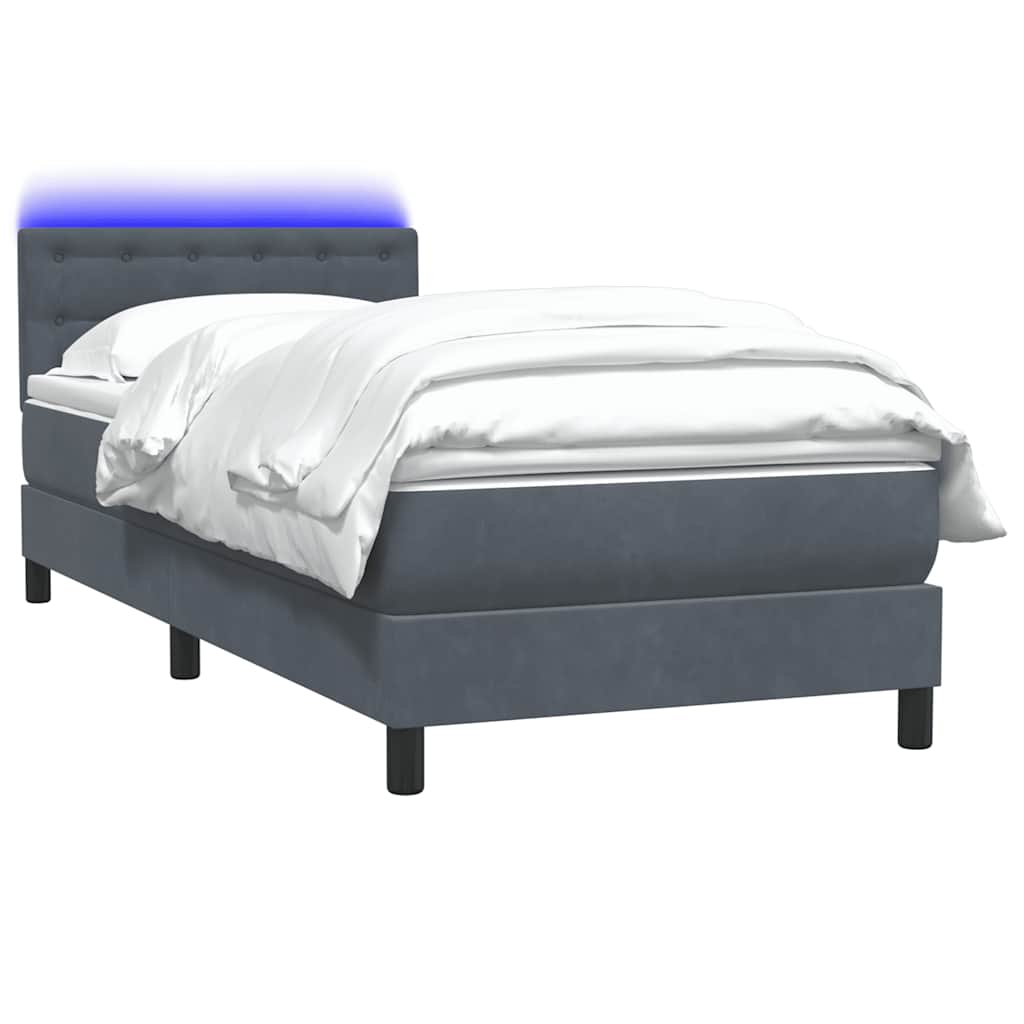 Cama box spring c/ colchão e LED cinza-escuro 80x220 cm veludo