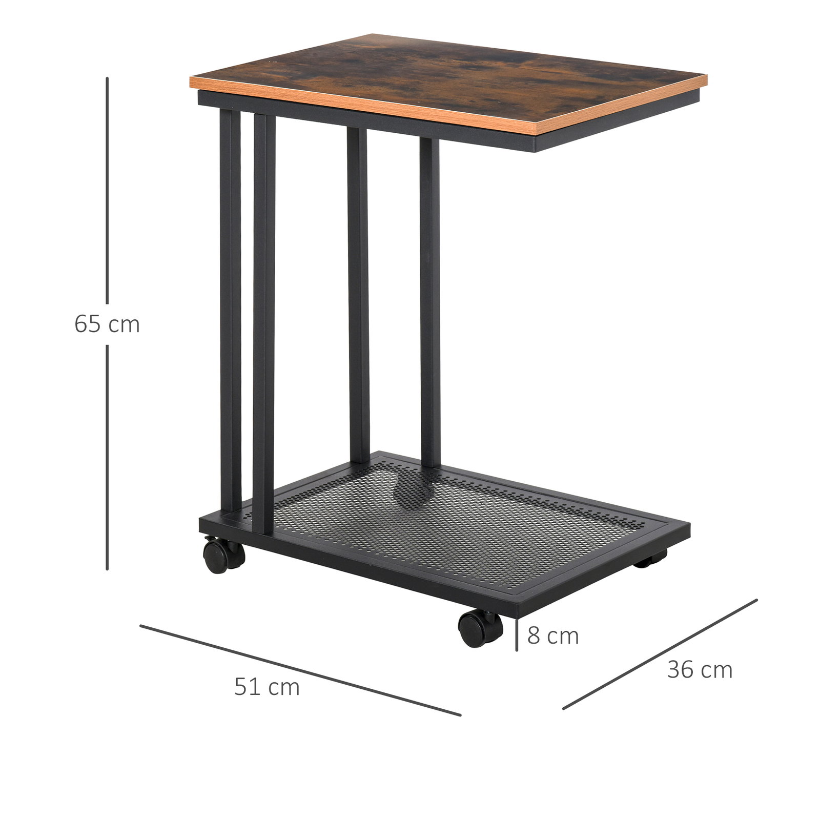 Mesa lateral mesa auxiliar com rodas para sofá sala de estar dormitório estilo industrial retrô metal e madeira 51x36x65cm madeira e preto