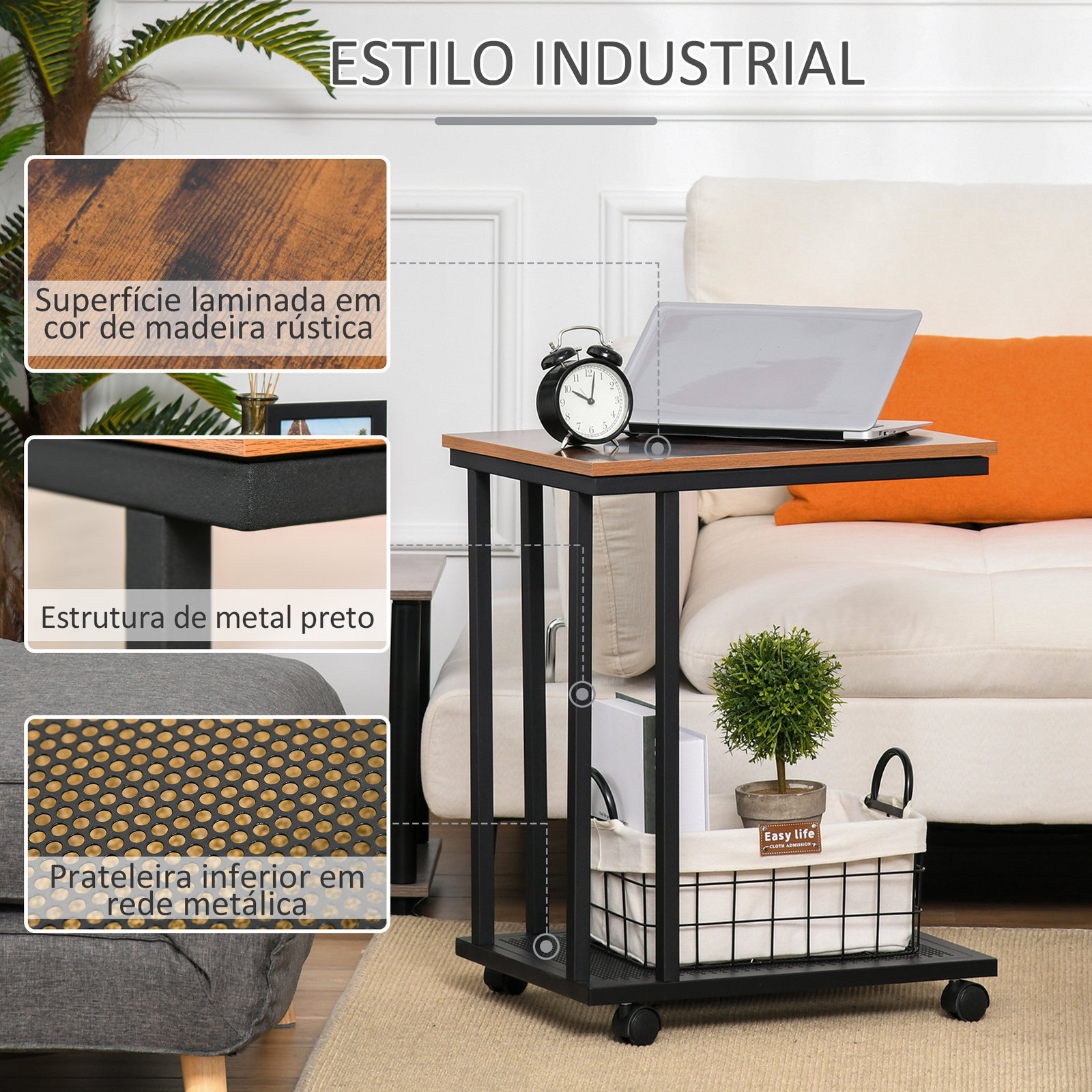 Mesa lateral mesa auxiliar com rodas para sofá sala de estar dormitório estilo industrial retrô metal e madeira 51x36x65cm madeira e preto