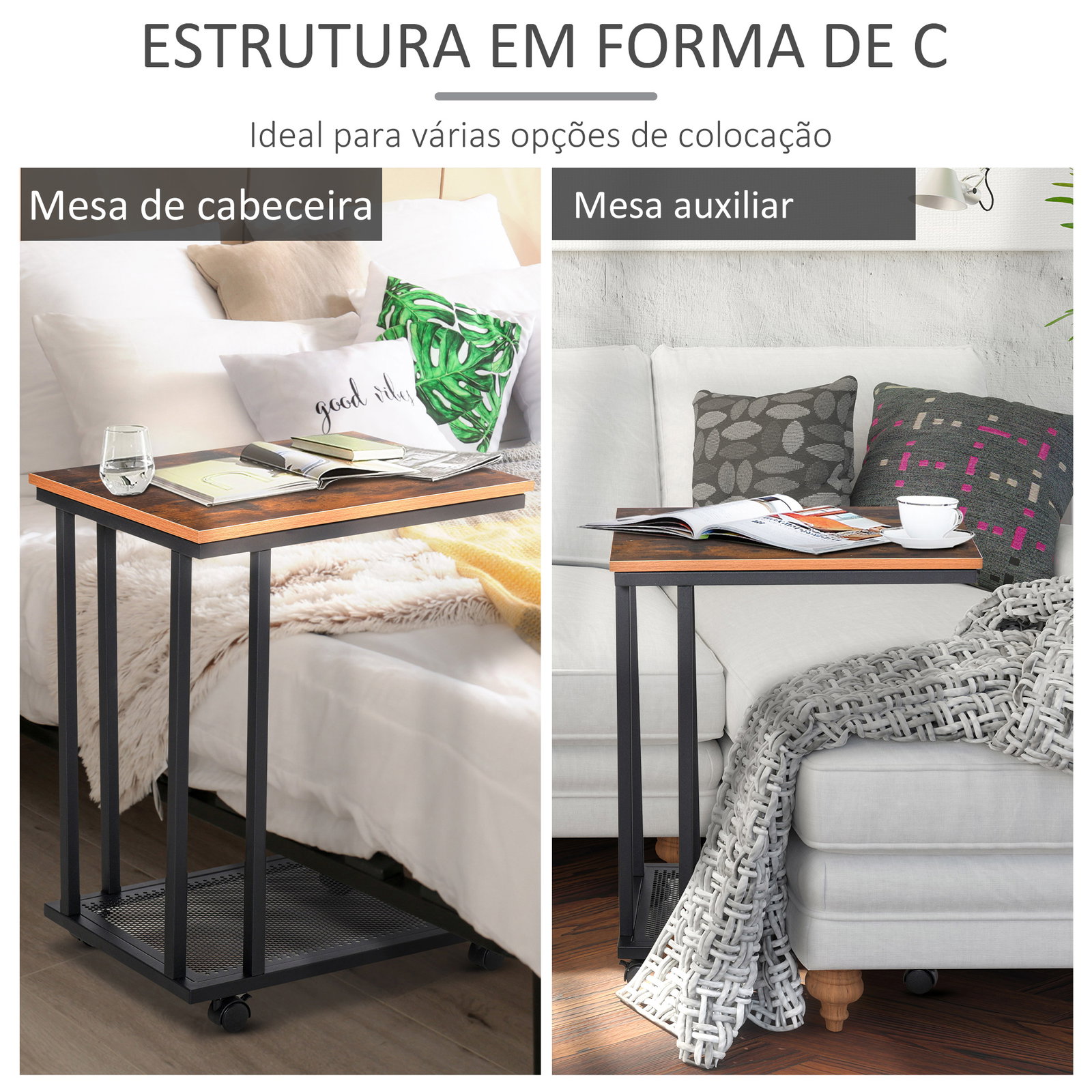 Mesa lateral mesa auxiliar com rodas para sofá sala de estar dormitório estilo industrial retrô metal e madeira 51x36x65cm madeira e preto
