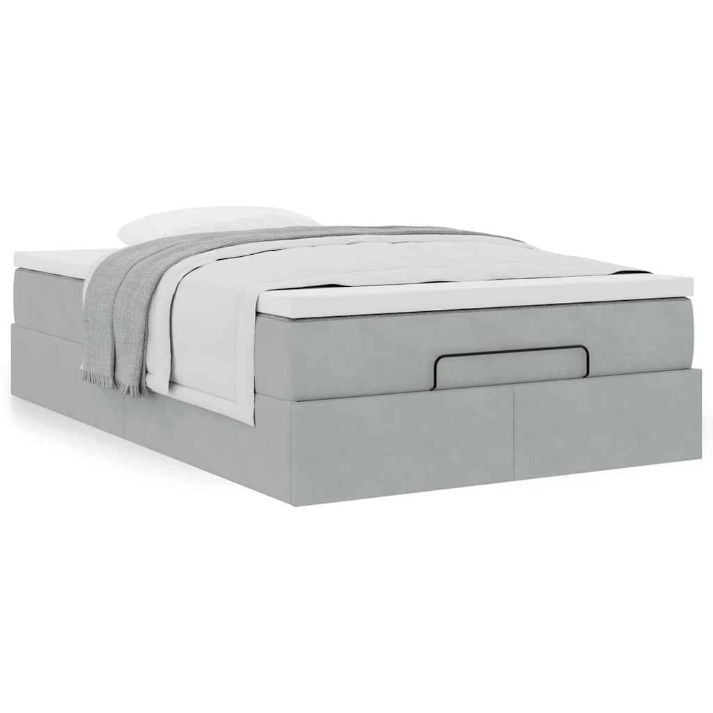 Estrutura de cama otomana com colchão cinza claro veludo