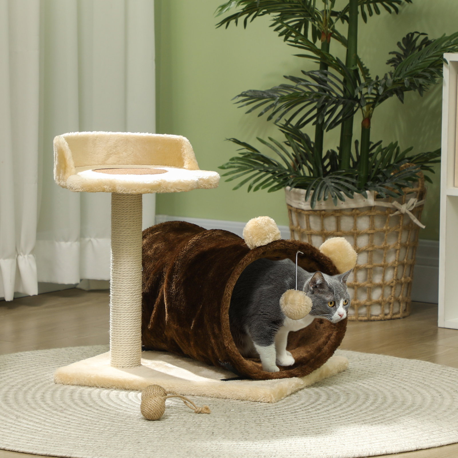 Arranhador para gatos com túnel cama plataforma bola suspensa e poste de juta 45x40x47 cm marrom escuro