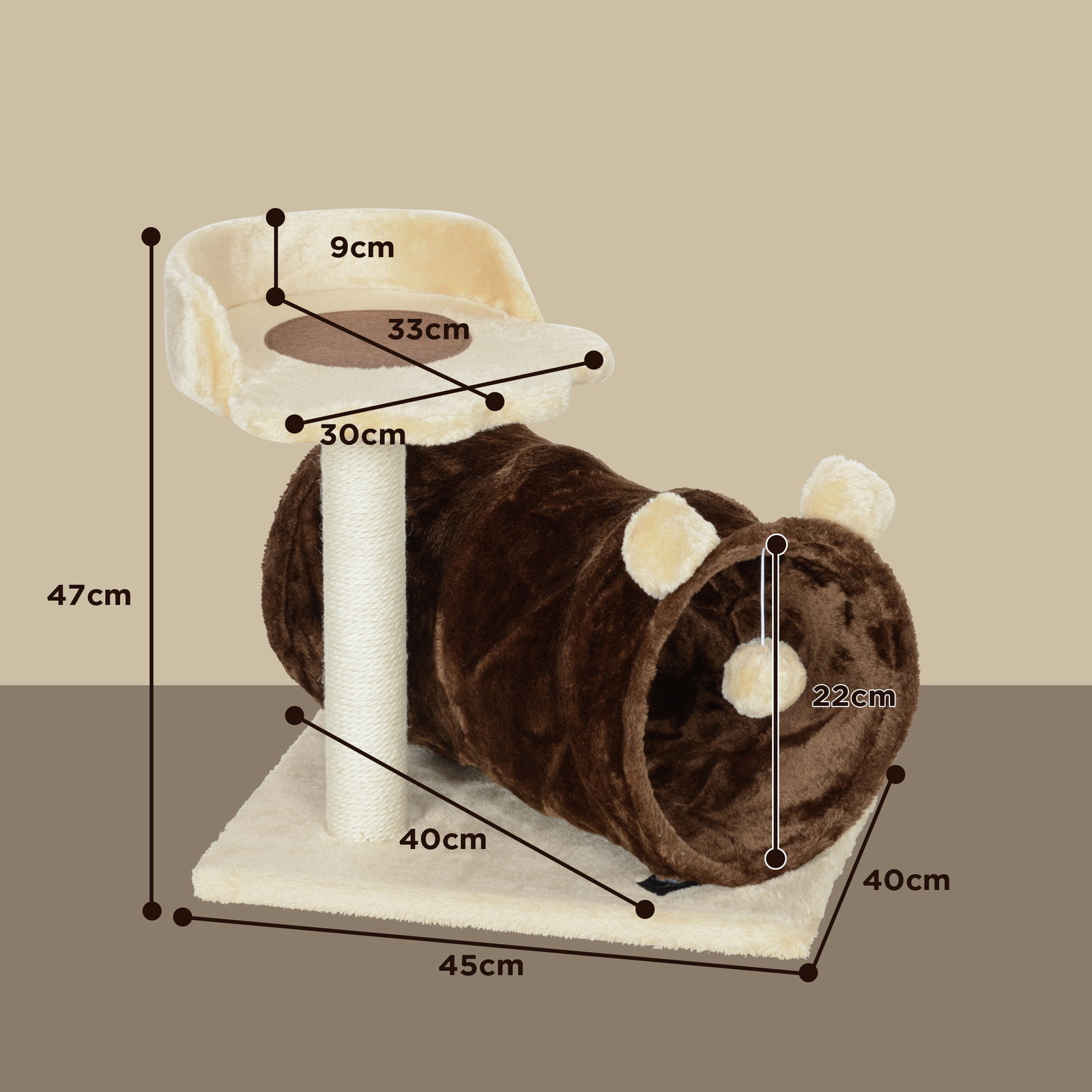 Arranhador para gatos com túnel cama plataforma bola suspensa e poste de juta 45x40x47 cm marrom escuro