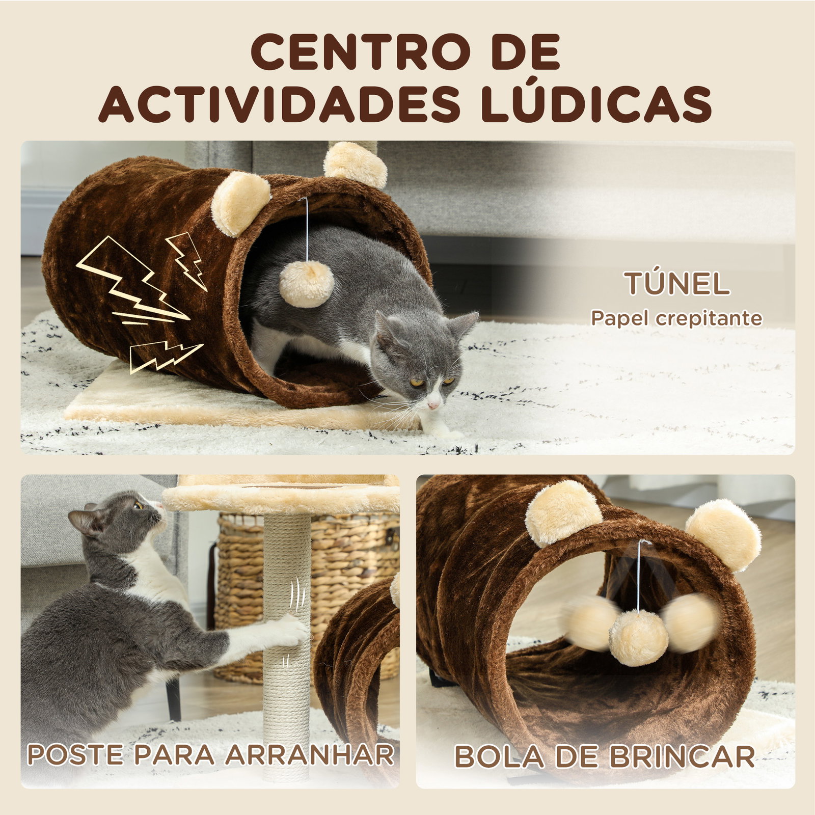 Arranhador para gatos com túnel cama plataforma bola suspensa e poste de juta 45x40x47 cm marrom escuro