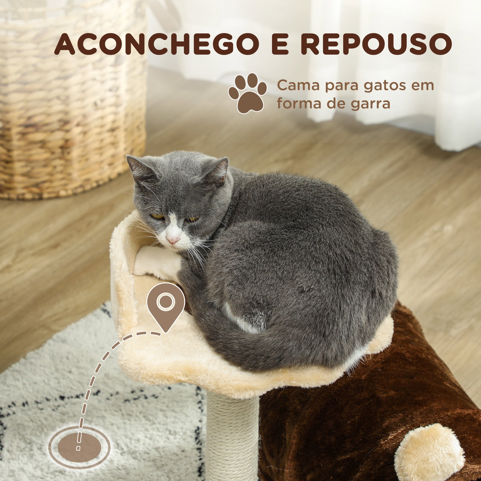 Arranhador para gatos com túnel cama plataforma bola suspensa e poste de juta 45x40x47 cm marrom escuro