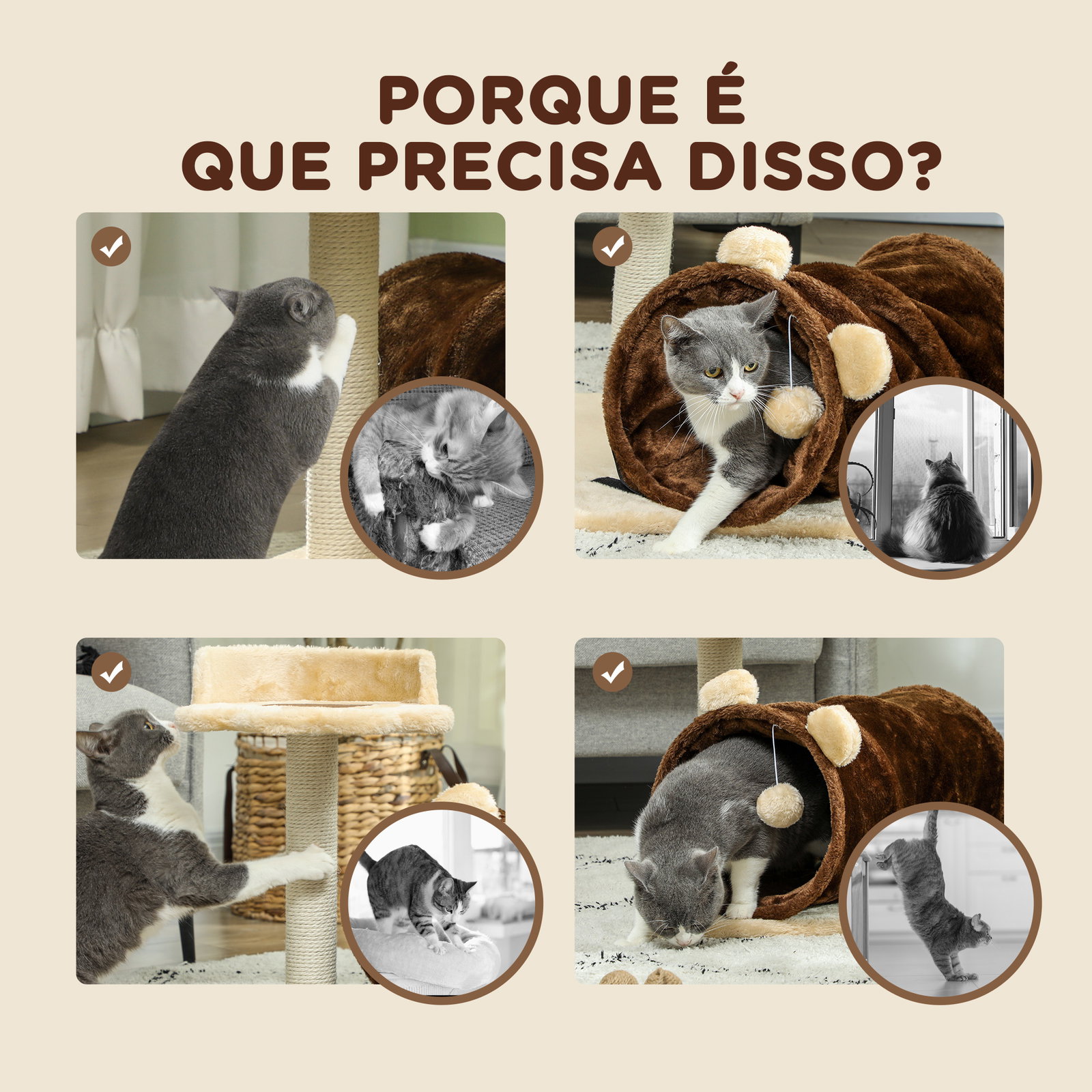 Arranhador para gatos com túnel cama plataforma bola suspensa e poste de juta 45x40x47 cm marrom escuro