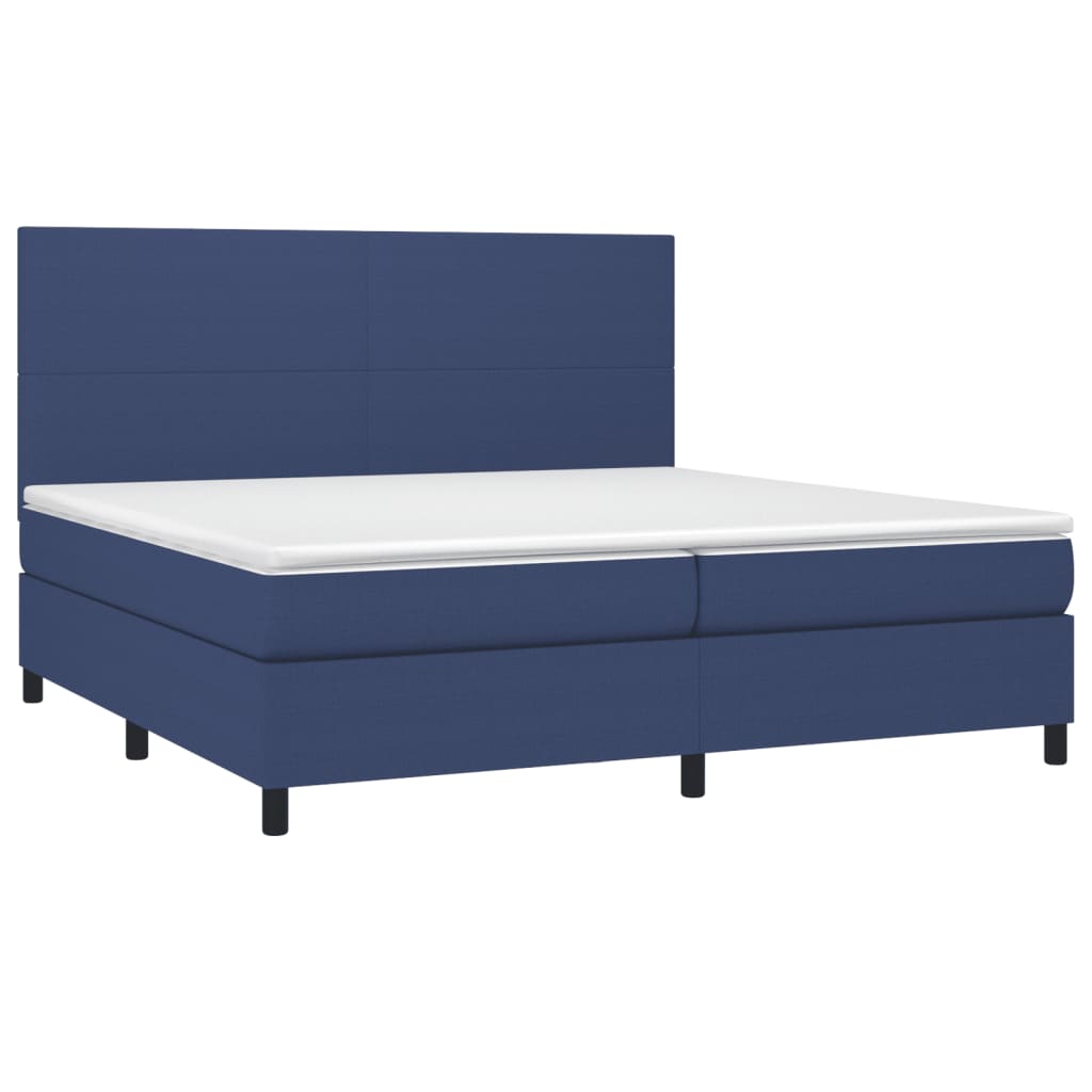 Cama box spring c/ colchão e LED 200x200 cm tecido azul