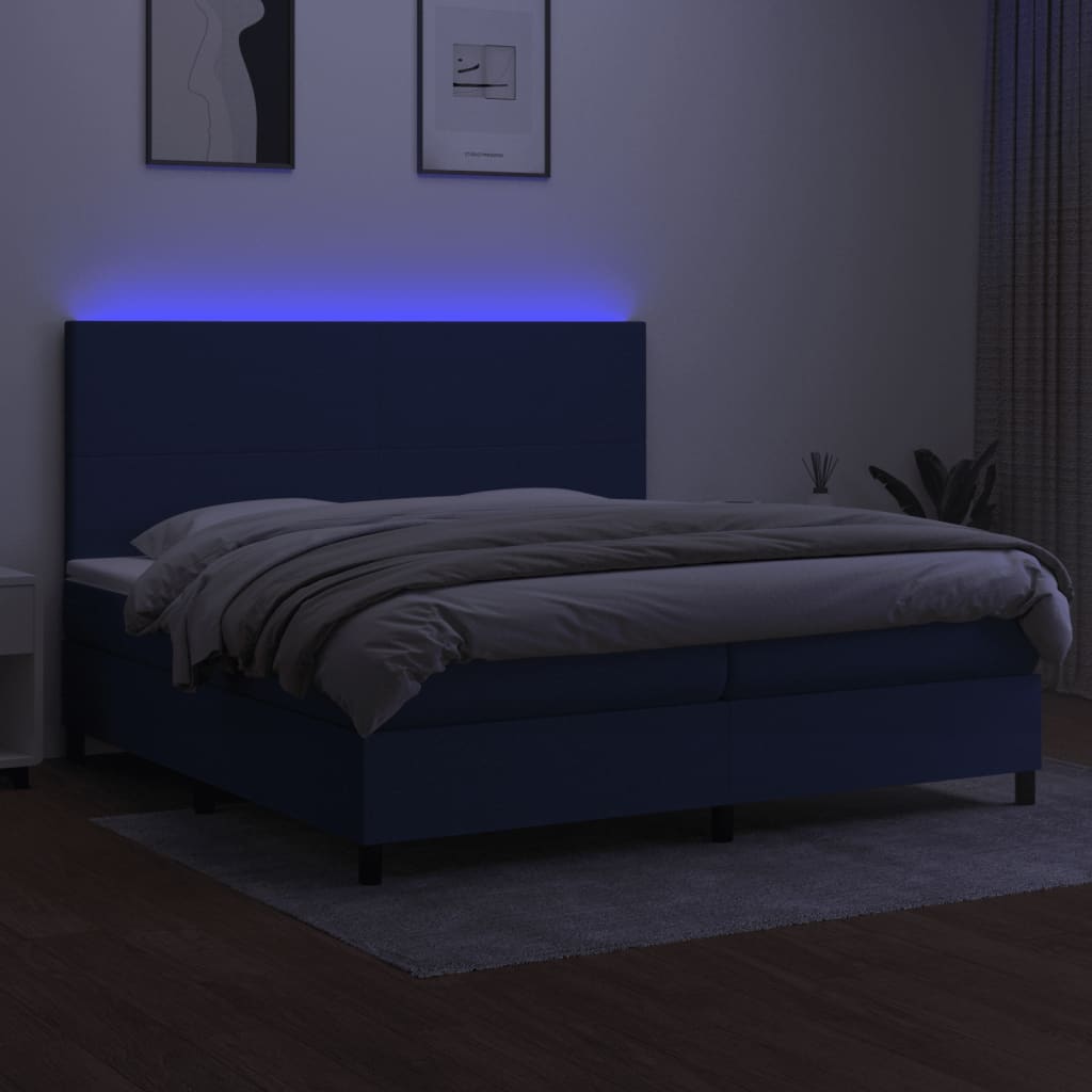 Cama box spring c/ colchão e LED 200x200 cm tecido azul